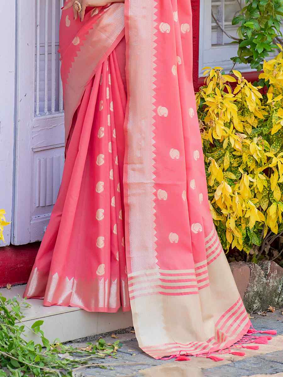 Pink Assam Silk Handwoven Wedding Festival Heavy Border Saree