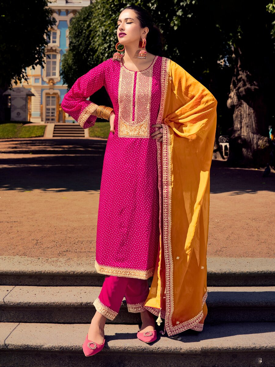 Pink Bambarg Russian Silk Embroidery Digital Printed Wedding Party Festival Casual Pant Salwar Kameez