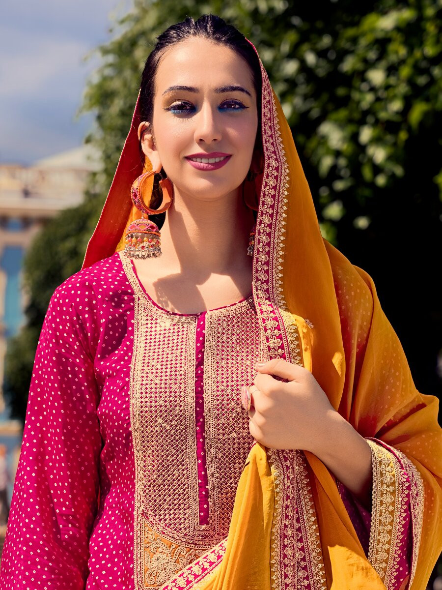 Pink Bambarg Russian Silk Embroidery Digital Printed Wedding Party Festival Casual Pant Salwar Kameez