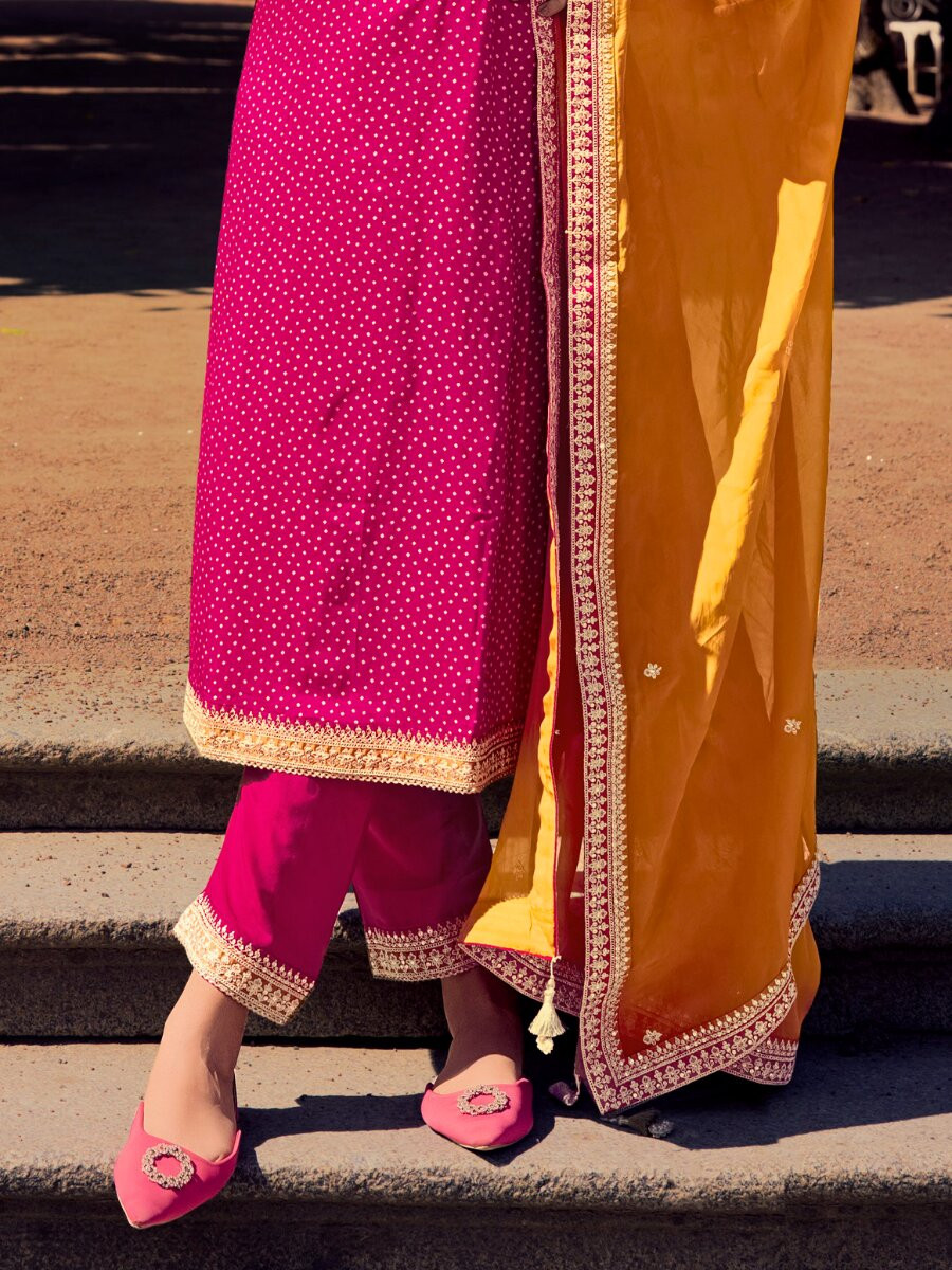 Pink Bambarg Russian Silk Embroidery Digital Printed Wedding Party Festival Casual Pant Salwar Kameez