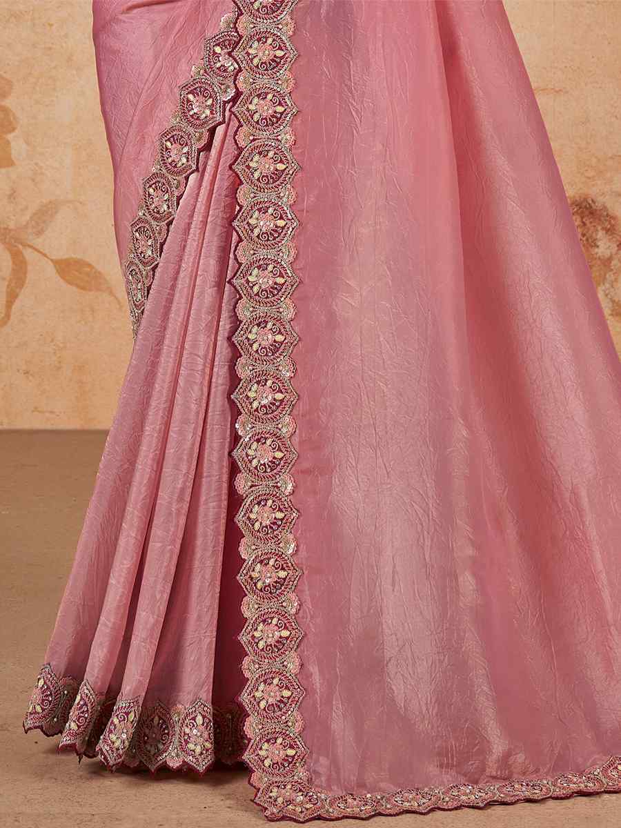 Pink Banarasi Crush Silk Embroidered Party Wedding Heavy Border Saree