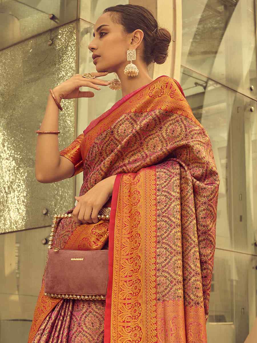 Pink Banarasi Handloom Weaving Silk Handwoven Wedding Festival Heavy Border Saree