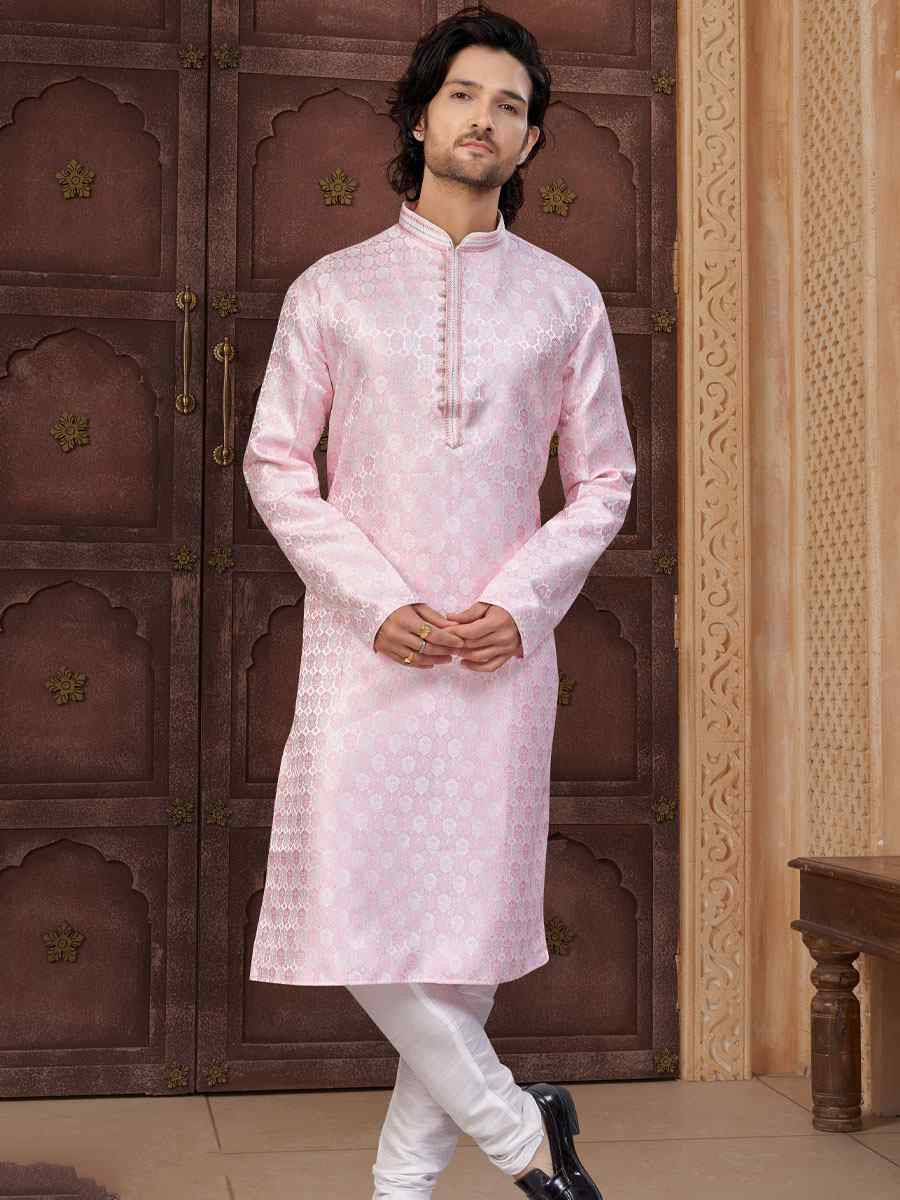 Pink Banarasi Jackard Embroidery Festival Wedding Party Mens Kurta