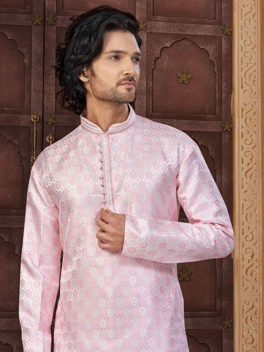 Pink Banarasi Jackard Embroidery Festival Wedding Party Mens Kurta