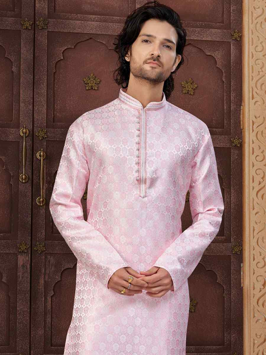 Pink Banarasi Jackard Embroidery Festival Wedding Party Mens Kurta