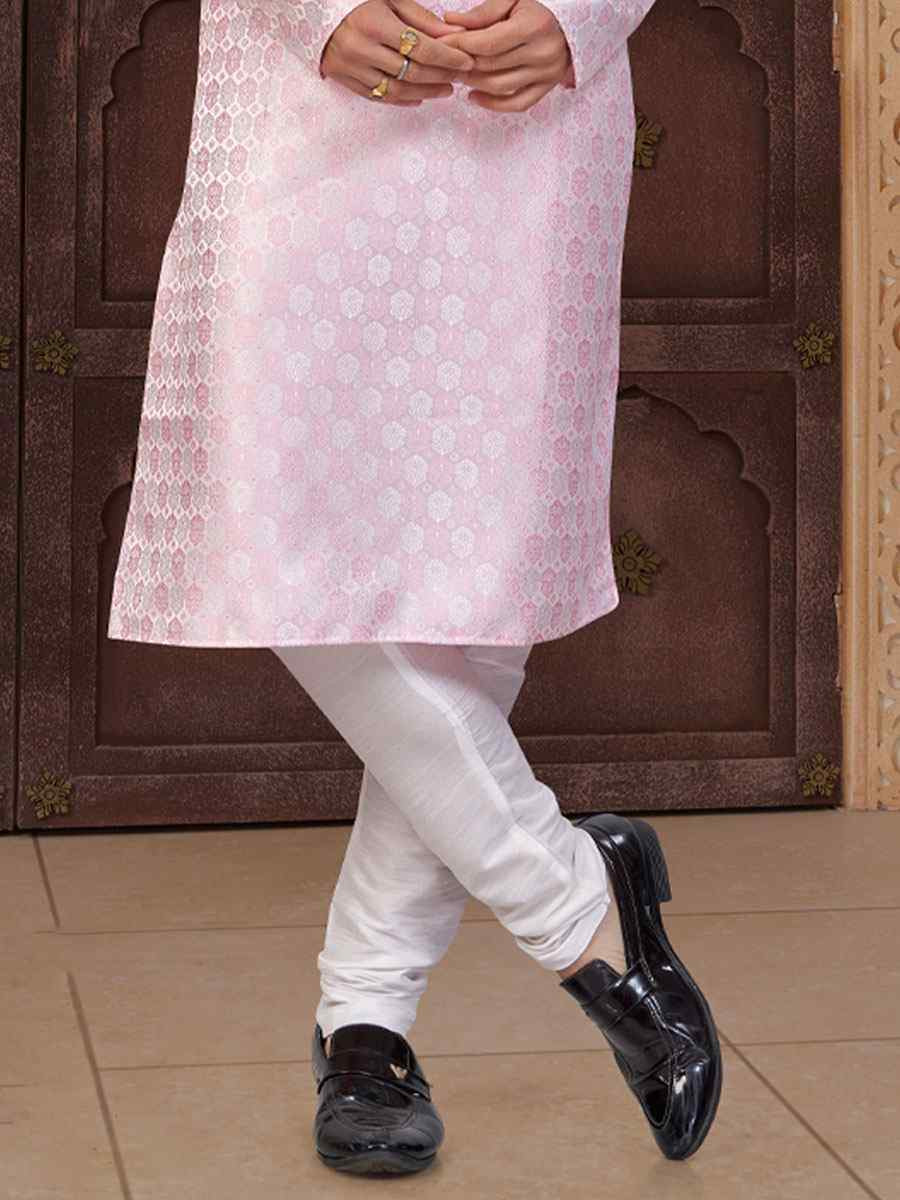 Pink Banarasi Jackard Embroidery Festival Wedding Party Mens Kurta