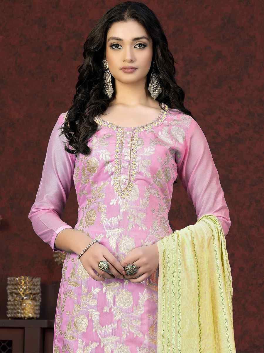 Pink Banarasi Jacquard Embroidered Casual Festival Pant Salwar Kameez