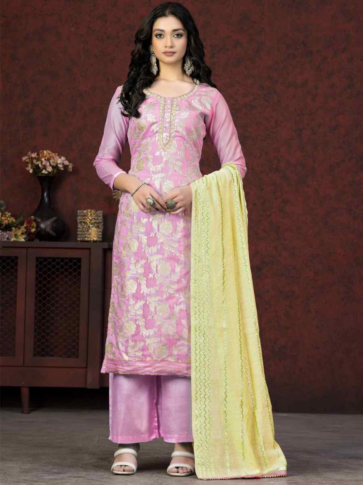 Pink Banarasi Jacquard Embroidered Casual Festival Pant Salwar Kameez