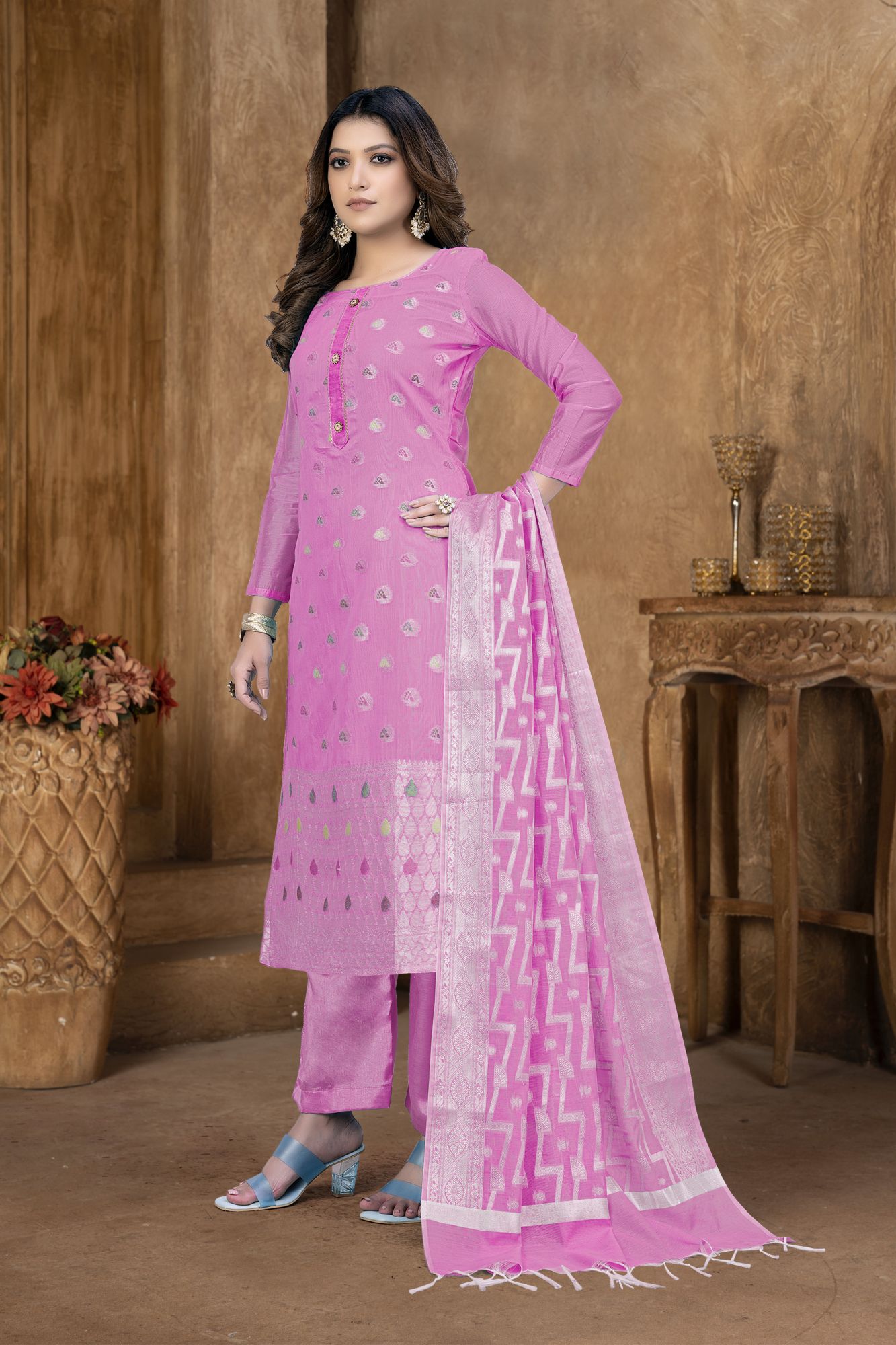 Pink Banarasi Jacquard Embroidered Festival Party Pant Salwar Kameez