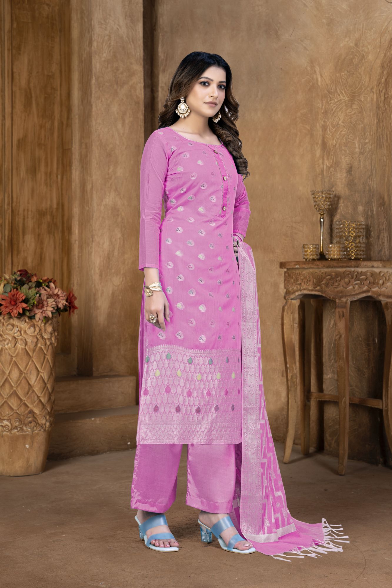 Pink Banarasi Jacquard Embroidered Festival Party Pant Salwar Kameez