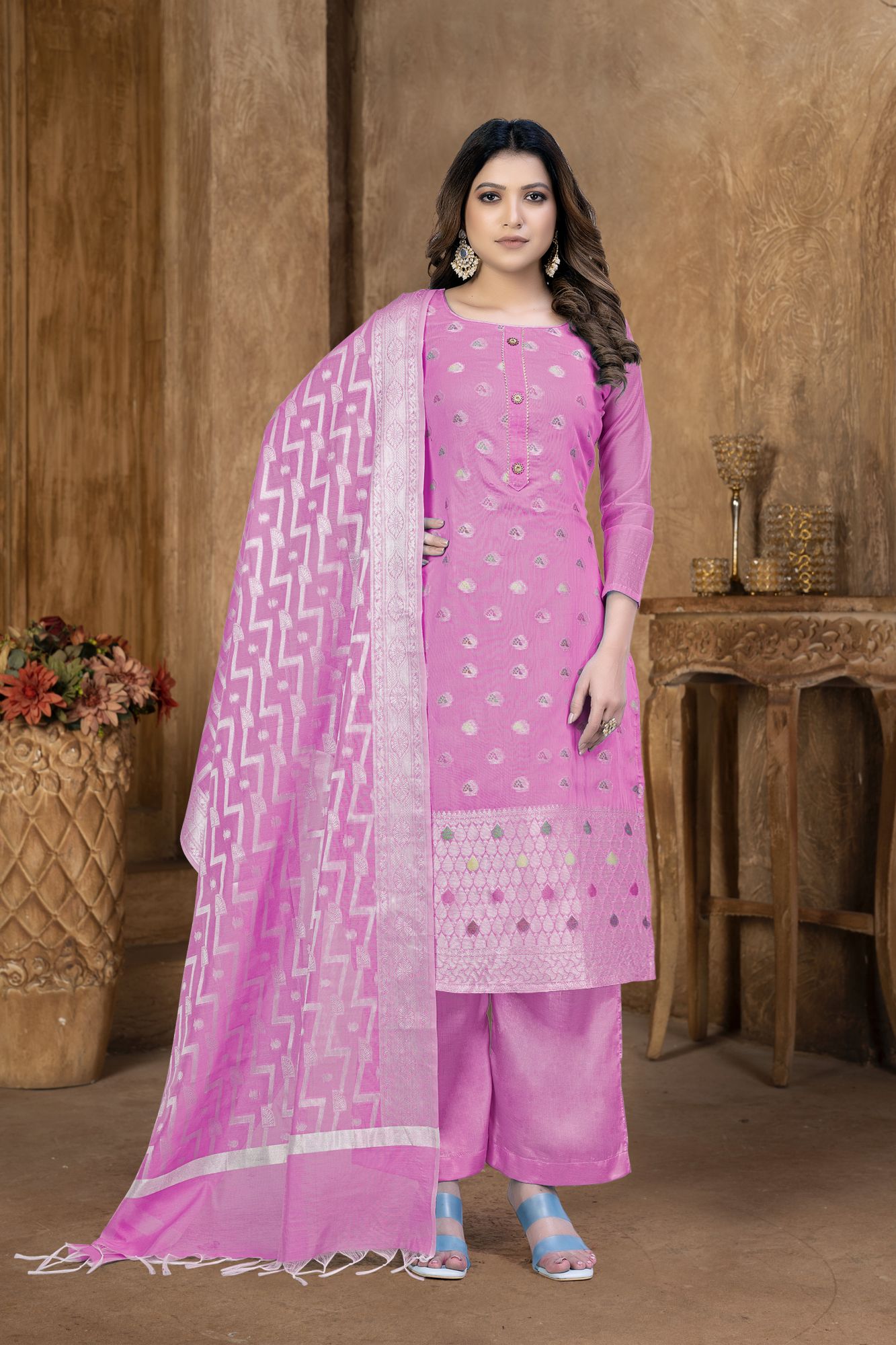 Pink Banarasi Jacquard Embroidered Festival Party Pant Salwar Kameez