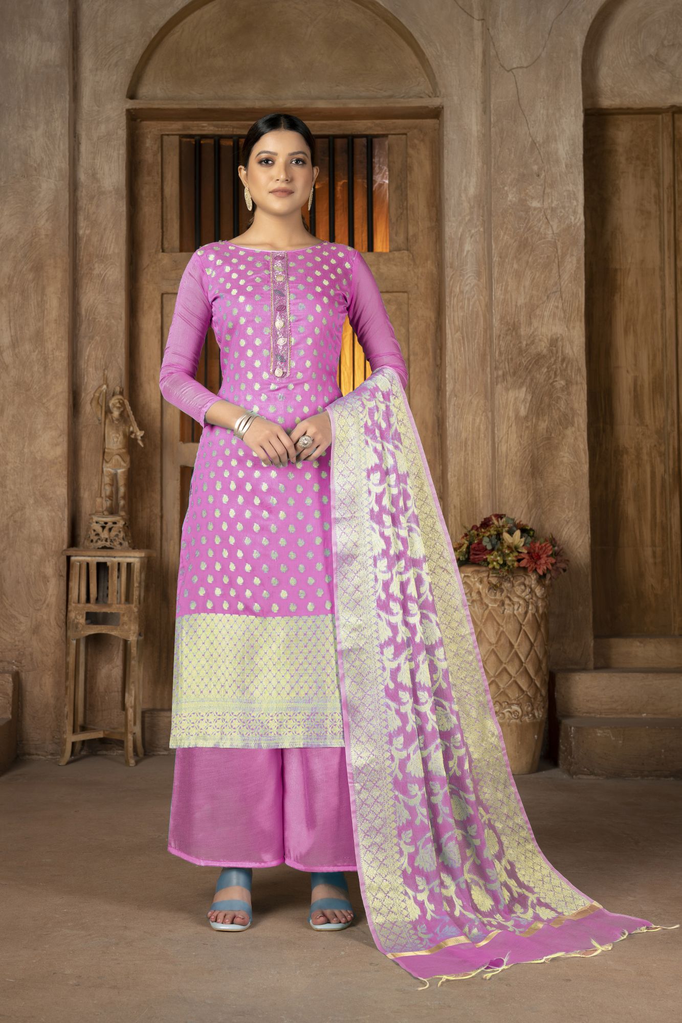 Pink Banarasi Jacquard Embroidery Pant Salwar Kameez