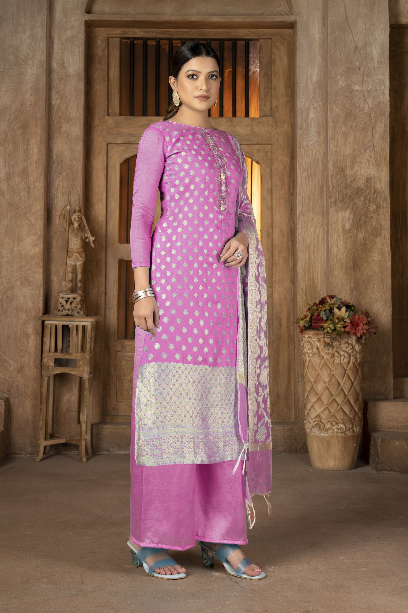 Pink Banarasi Jacquard Embroidery Pant Salwar Kameez