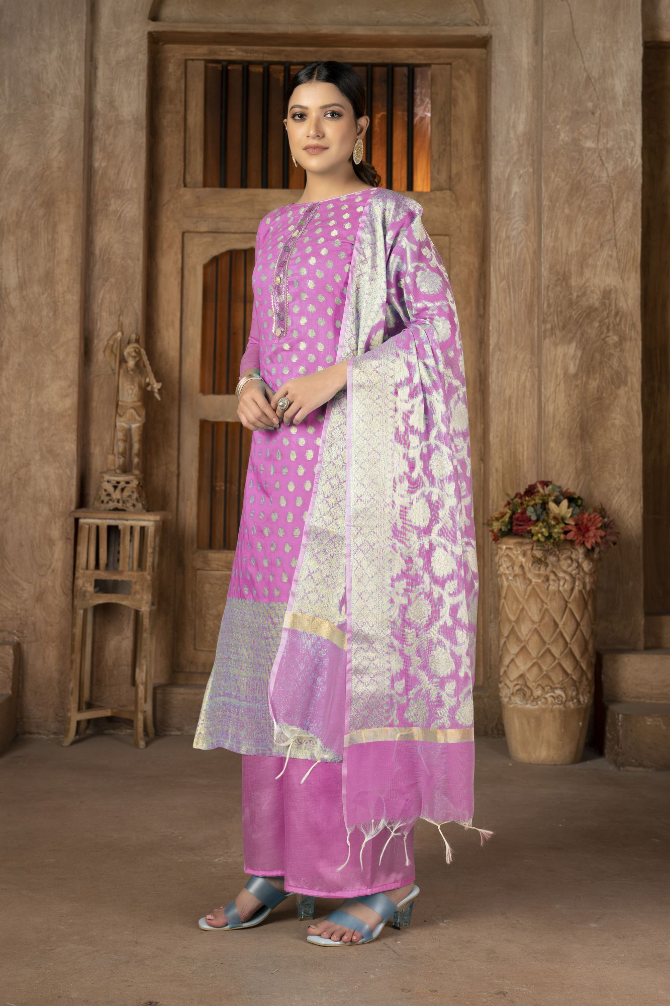 Pink Banarasi Jacquard Embroidery Pant Salwar Kameez