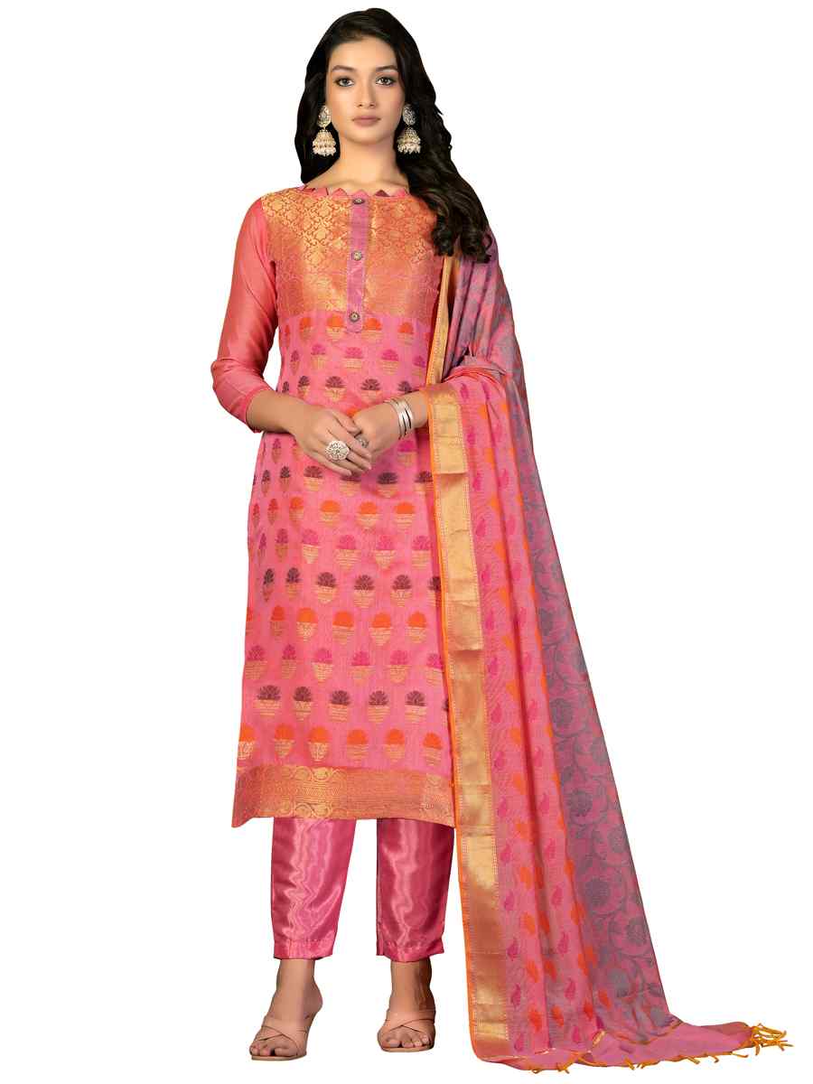 Pink Banarasi Jacquard Handwoven Casual Festival Pant Salwar Kameez
