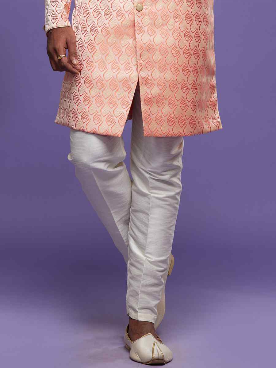 Pink Banarasi Jacquard Woven Wedding Party Sherwani