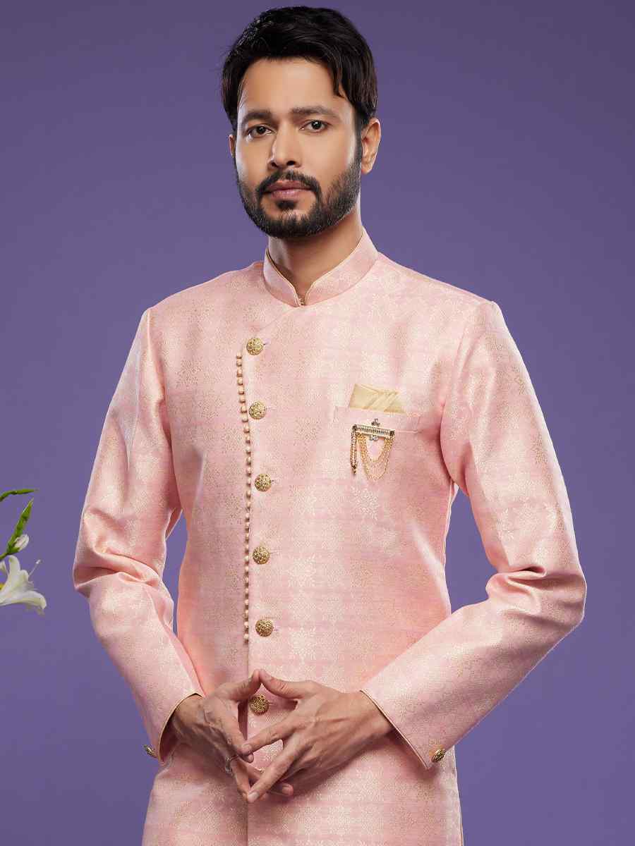 Pink Banarasi Jacquard Woven Wedding Party Sherwani