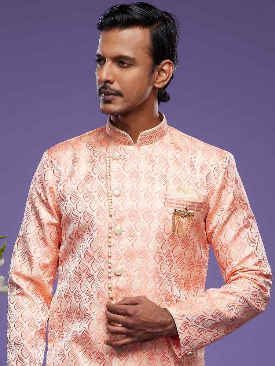 Pink Banarasi Jacquard Woven Wedding Party Sherwani