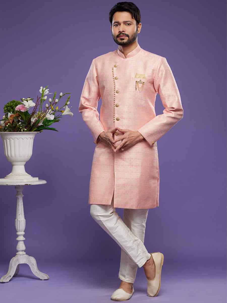 Pink Banarasi Jacquard Woven Wedding Party Sherwani