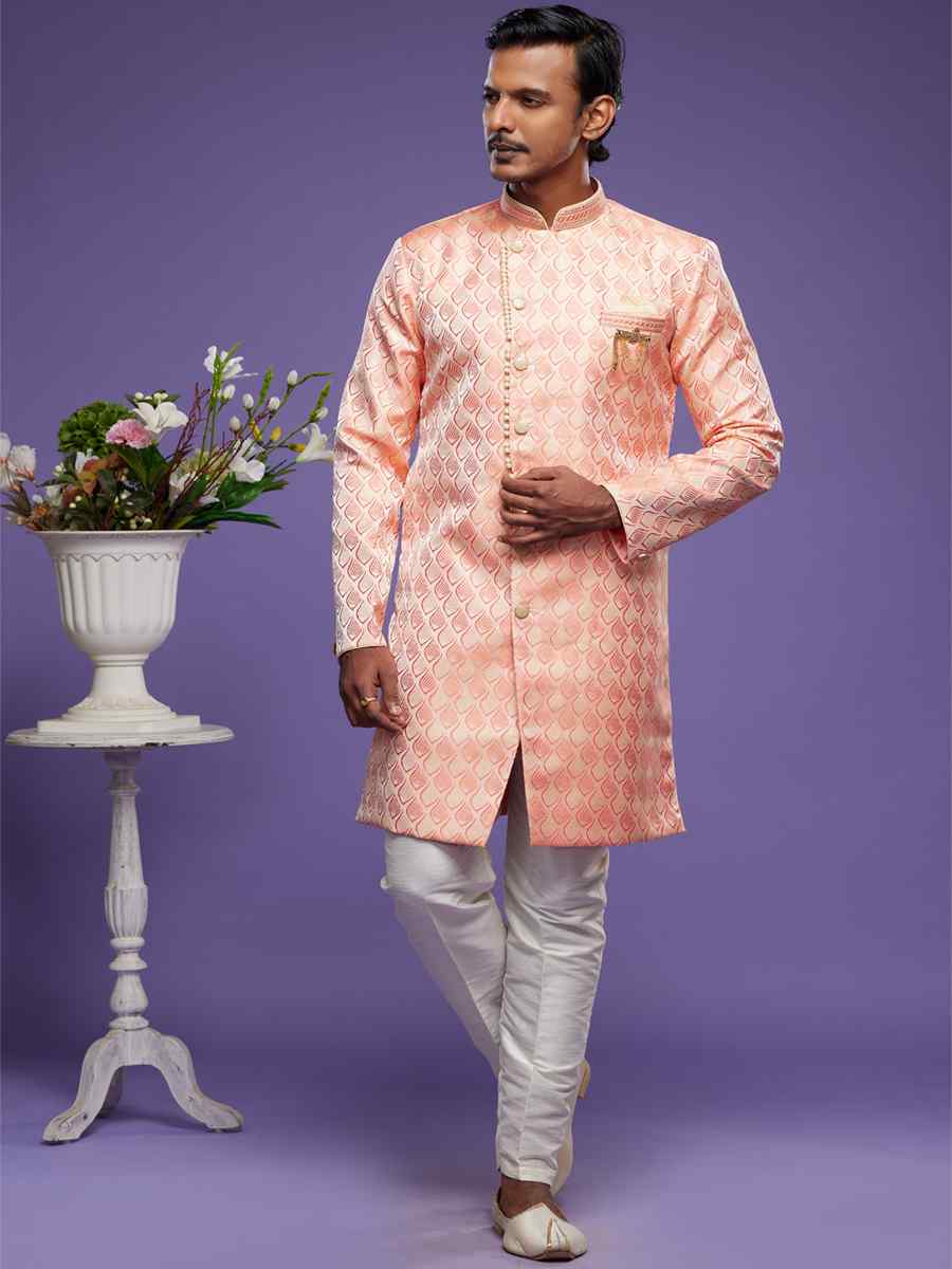 Pink Banarasi Jacquard Woven Wedding Party Sherwani