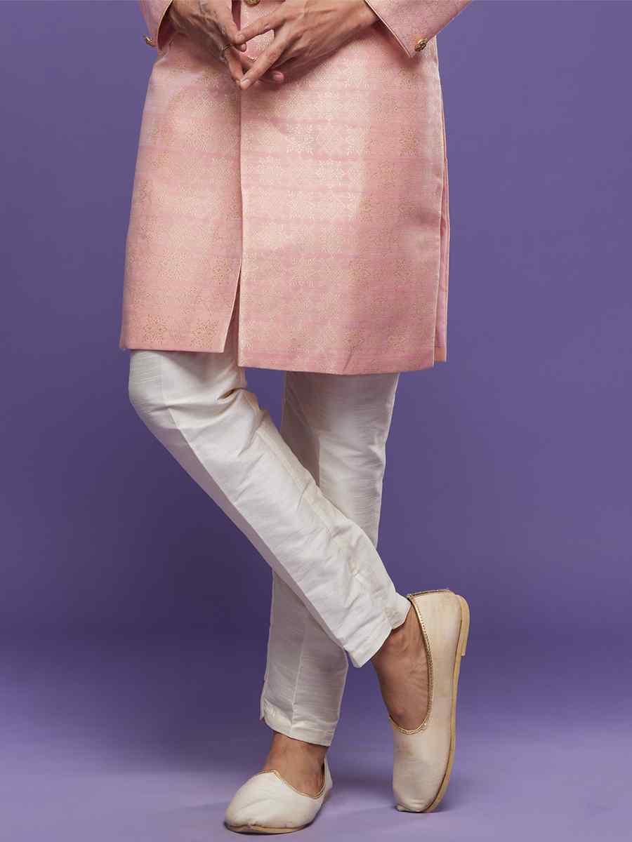 Pink Banarasi Jacquard Woven Wedding Party Sherwani