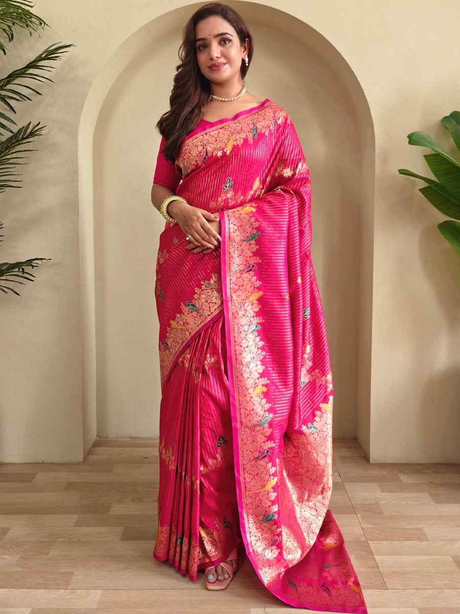 Pink Banarasi Mushro Satin Silk Handwoven Festival Wedding Fancy Heavy Border Saree