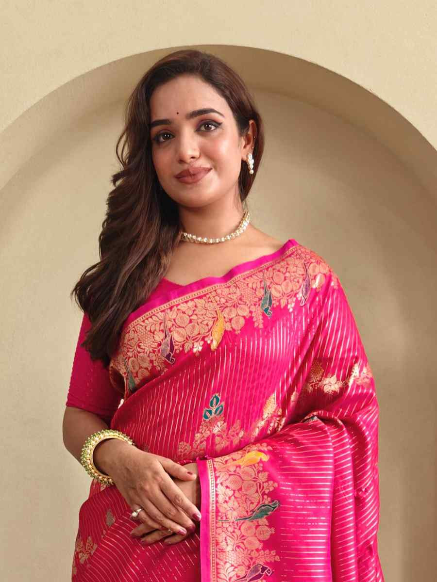 Pink Banarasi Mushro Satin Silk Handwoven Festival Wedding Fancy Heavy Border Saree