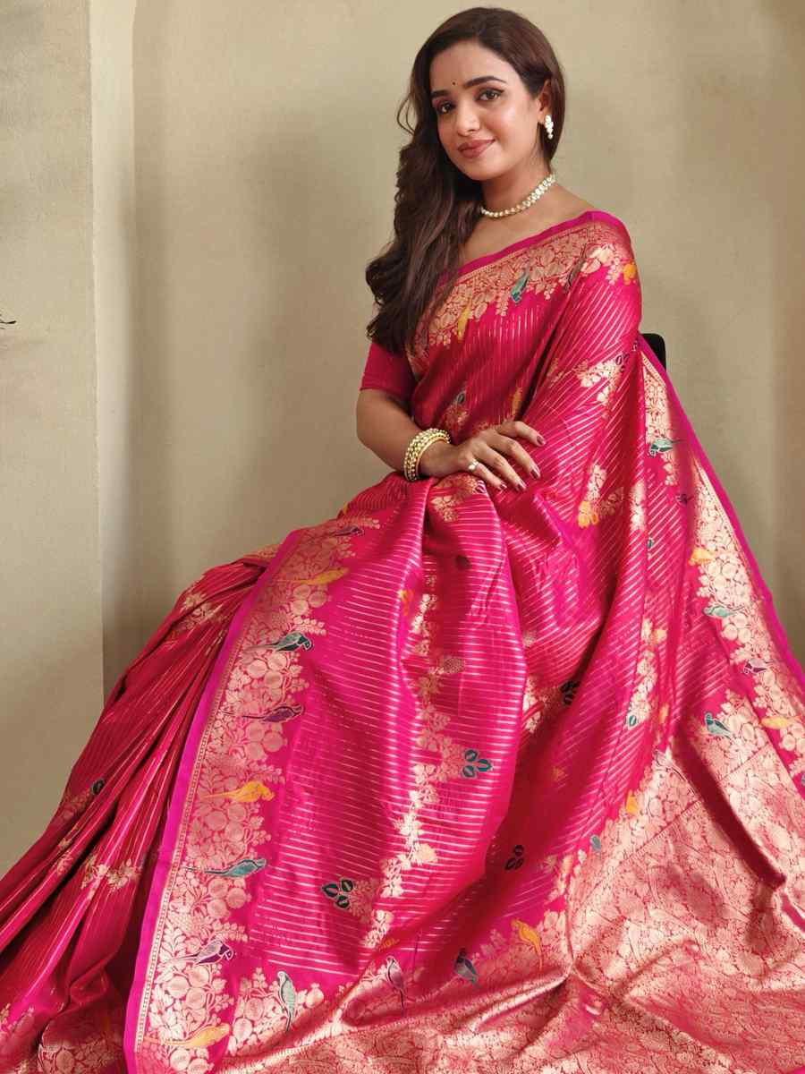 Pink Banarasi Mushro Satin Silk Handwoven Festival Wedding Fancy Heavy Border Saree