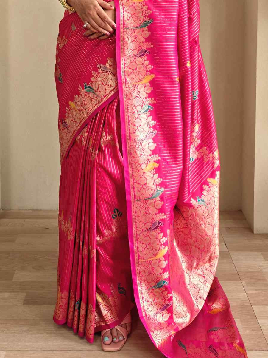 Pink Banarasi Mushro Satin Silk Handwoven Festival Wedding Fancy Heavy Border Saree
