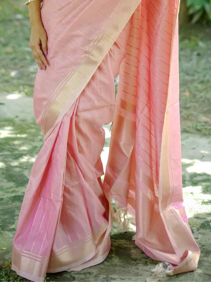 Pink Banarasi Raw Silk Handwoven Festival Wedding Heavy Border Saree