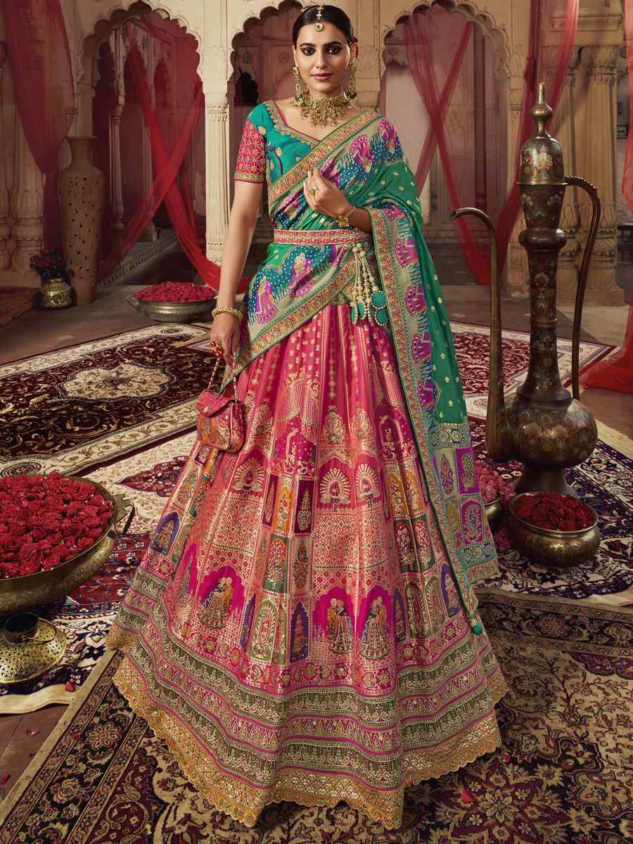 Pink Banarasi Silk Embroidered Bridal Wedding Heavy Border Lehenga Choli