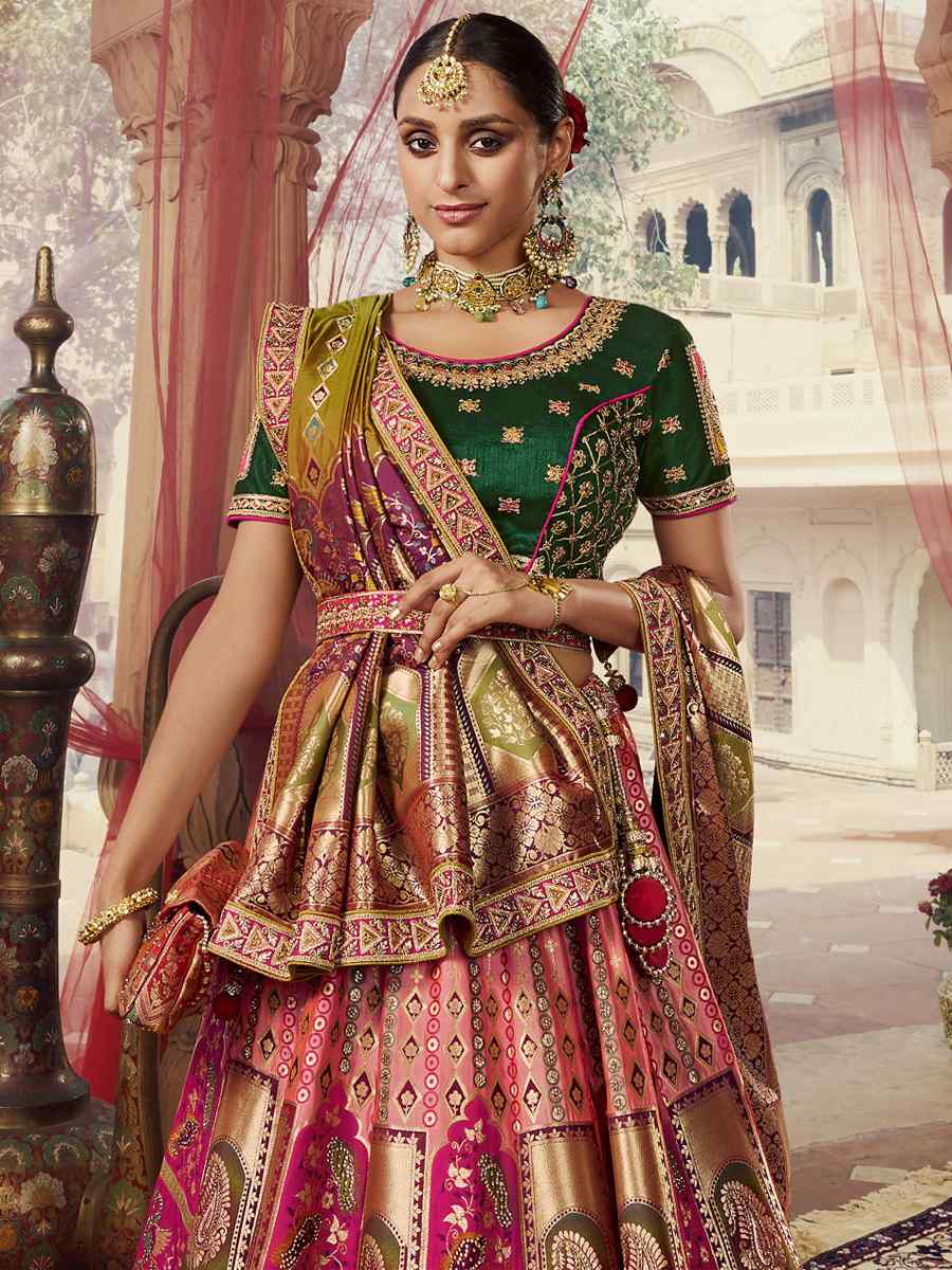 Pink Banarasi Silk Embroidered Bridal Wedding Heavy Border Lehenga Choli