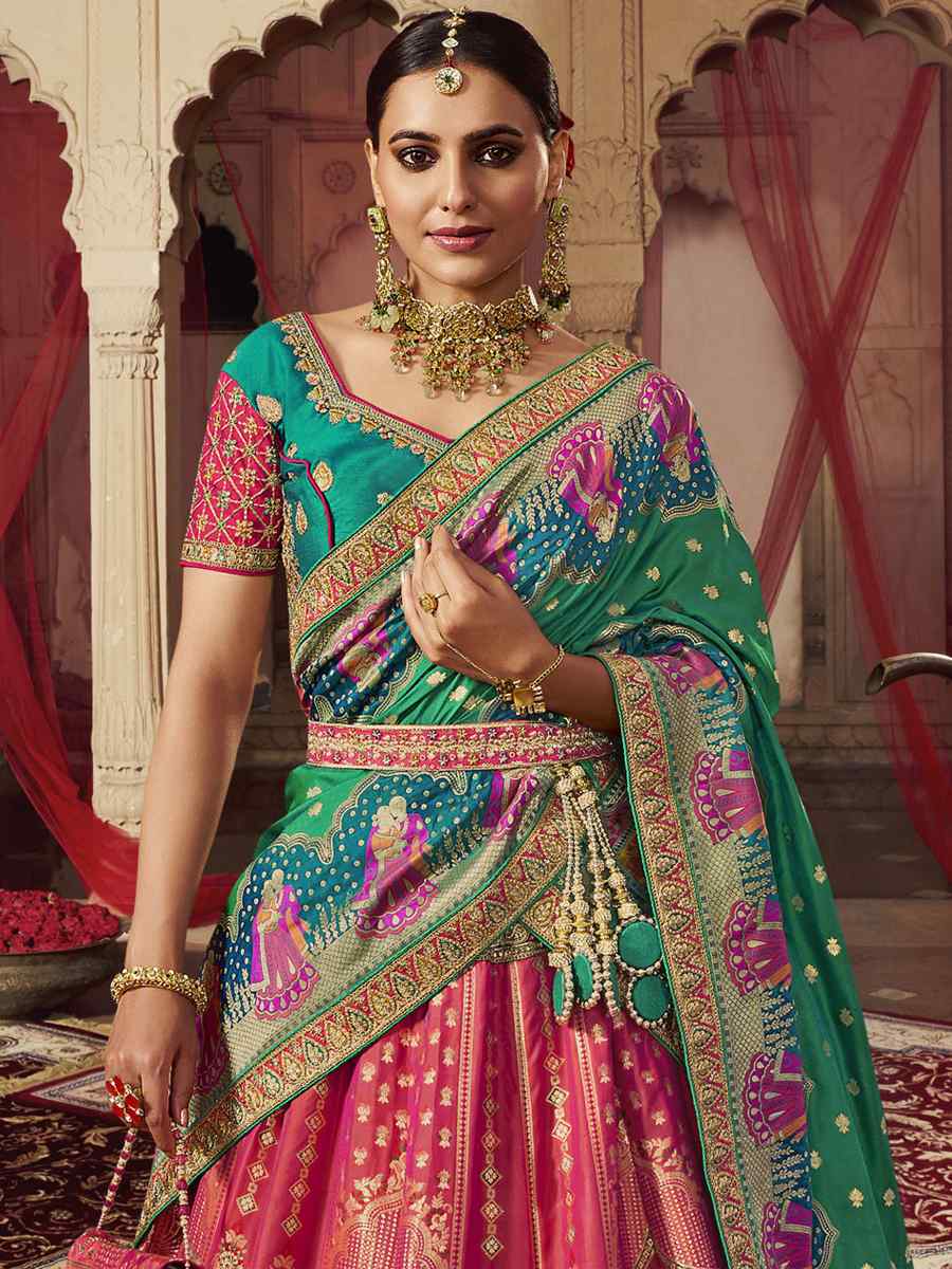 Pink Banarasi Silk Embroidered Bridal Wedding Heavy Border Lehenga Choli