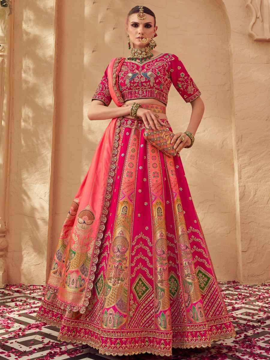 Pink Banarasi Silk Embroidered Bridal Wedding Reception Festival Heavy Border Lehenga Choli