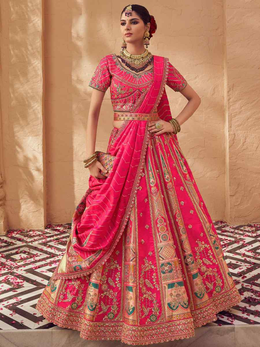 Pink Banarasi Silk Embroidered Bridal Wedding Reception Festival Heavy Border Lehenga Choli