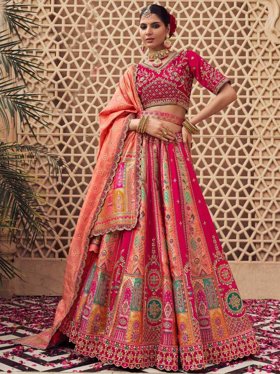 Pink Banarasi Silk Embroidered Bridal Wedding Reception Festival Heavy Border Lehenga Choli