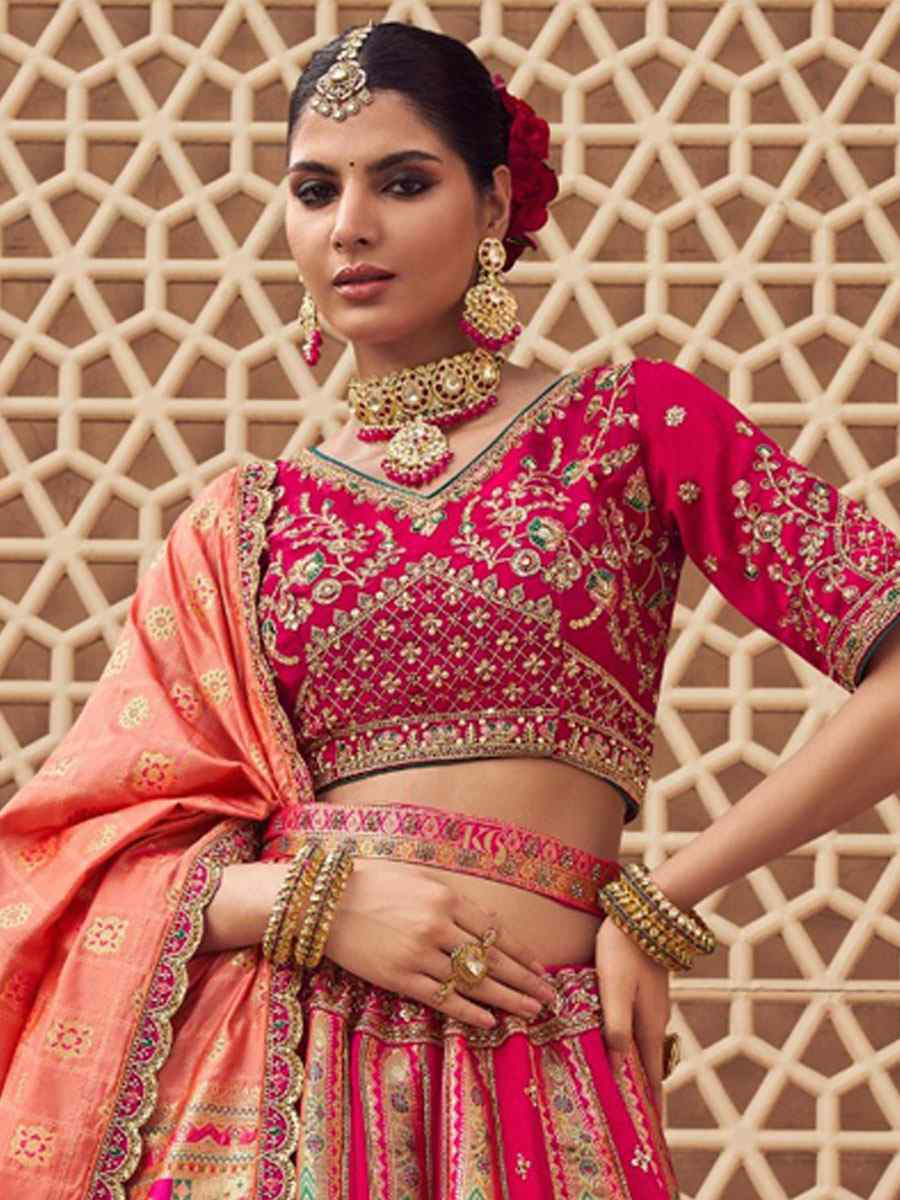 Pink Banarasi Silk Embroidered Bridal Wedding Reception Festival Heavy Border Lehenga Choli