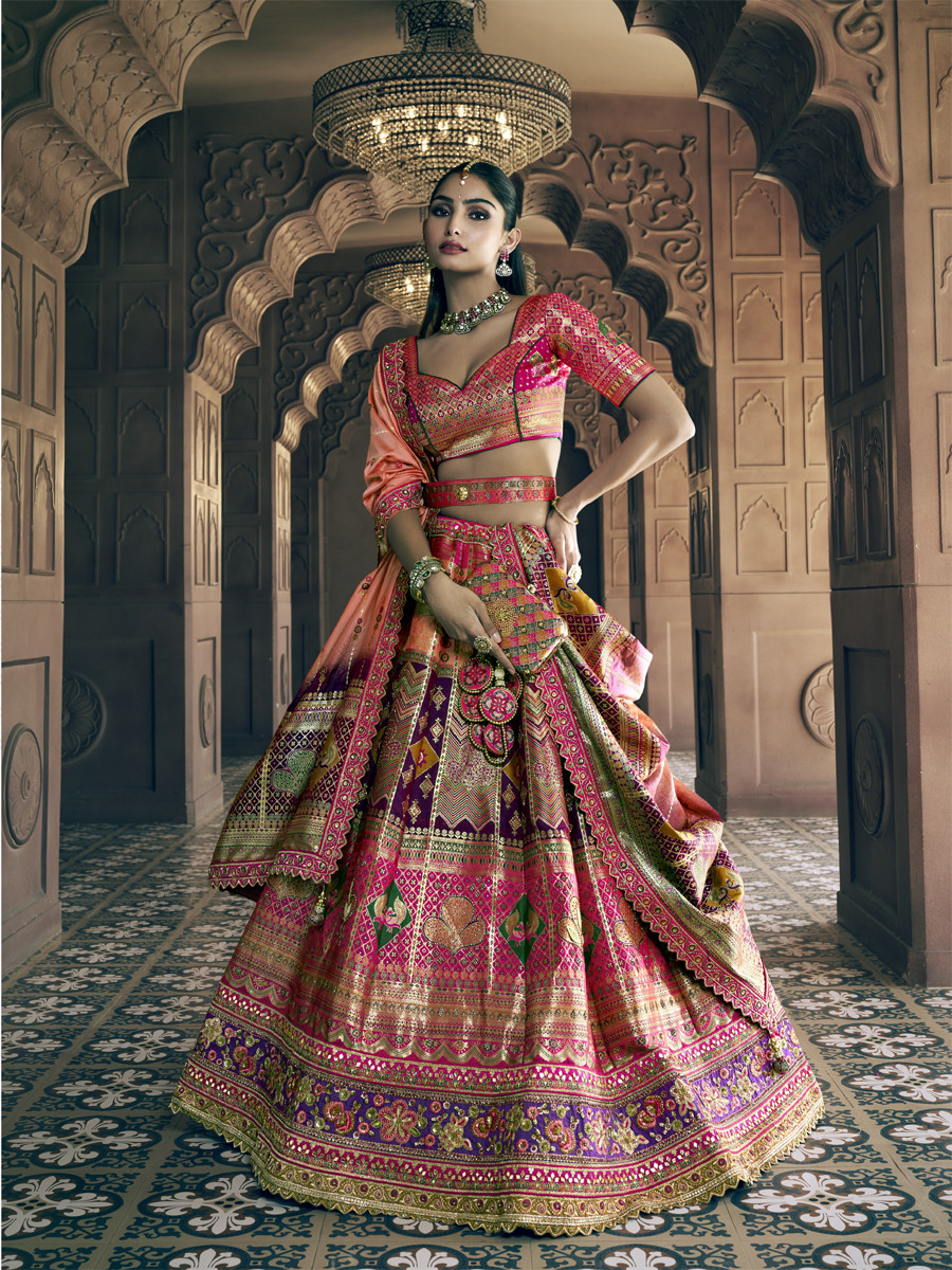 Pink Banarasi Silk Embroidered Bridal Wedding Reception Festival Heavy Border Lehenga Choli