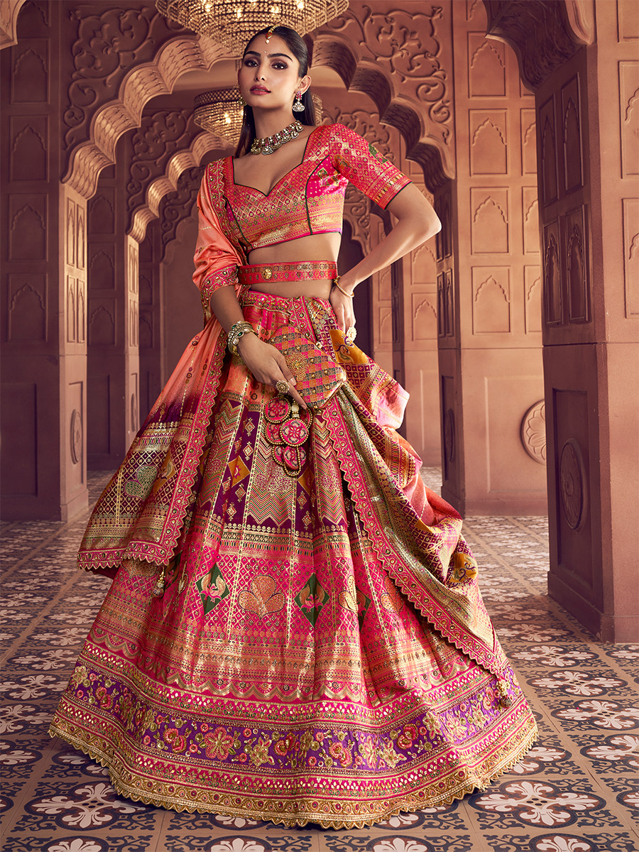 Pink Banarasi Silk Embroidered Bridal Wedding Reception Festival Heavy Border Lehenga Choli