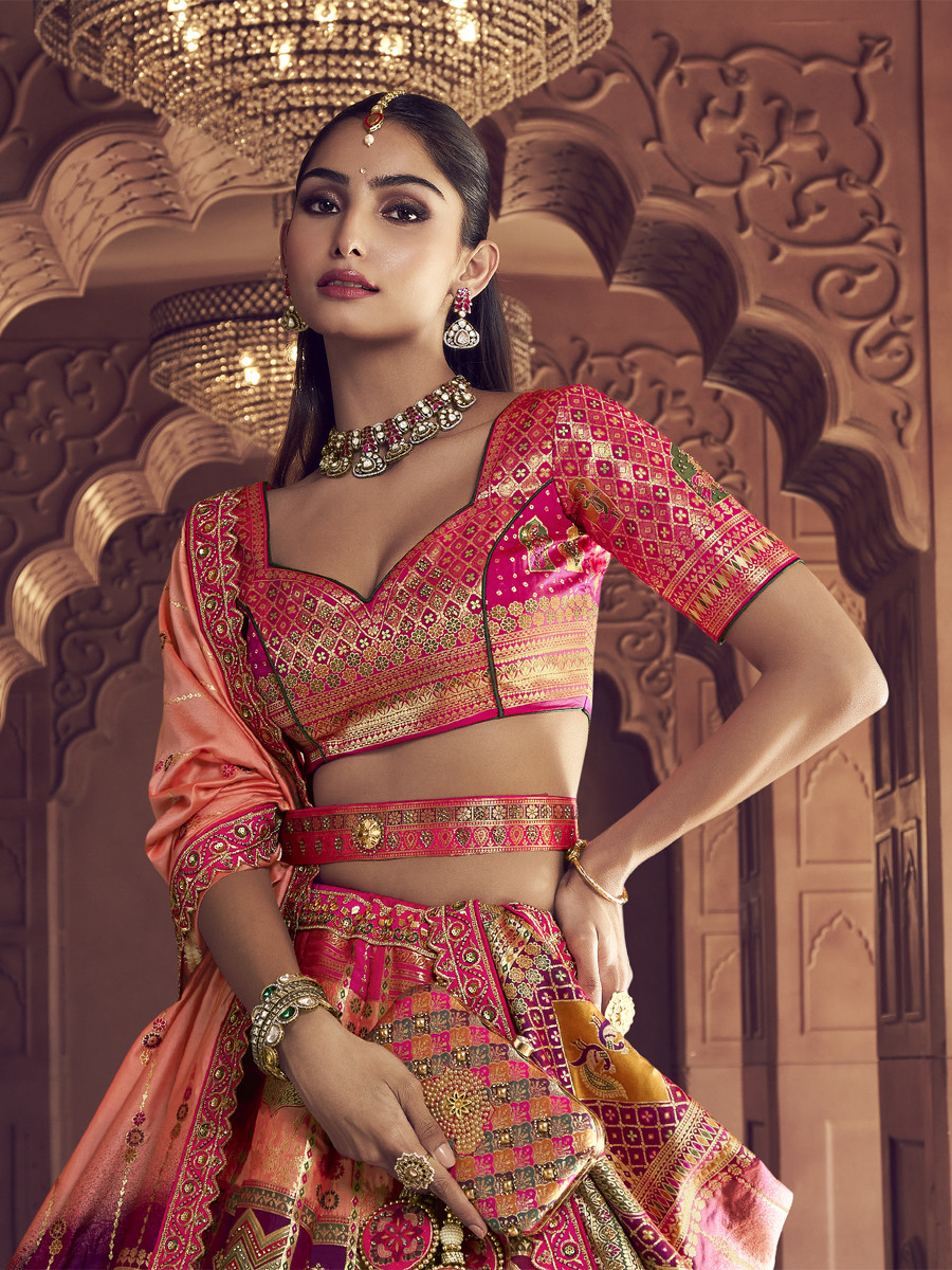 Pink Banarasi Silk Embroidered Bridal Wedding Reception Festival Heavy Border Lehenga Choli