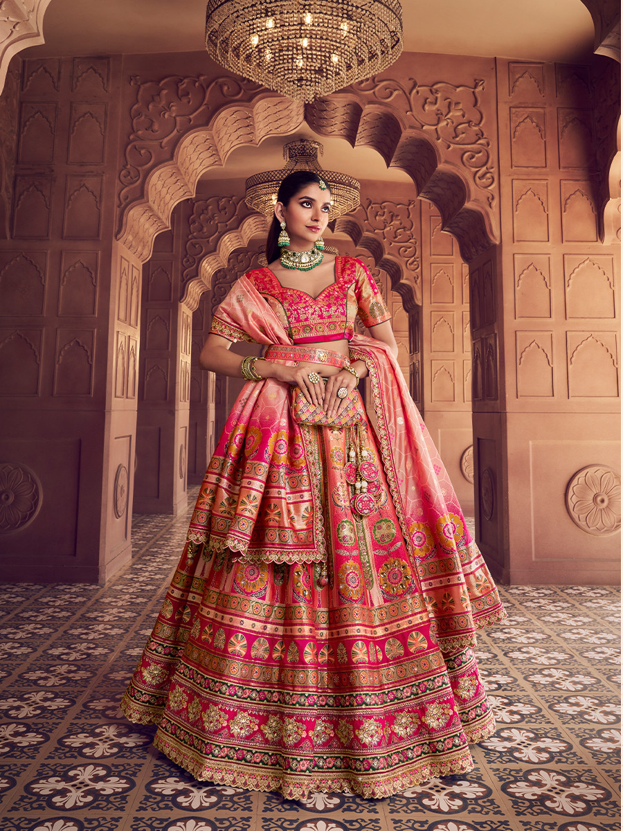 Pink Banarasi Silk Embroidered Bridal Wedding Reception Festival Heavy Border Lehenga Choli