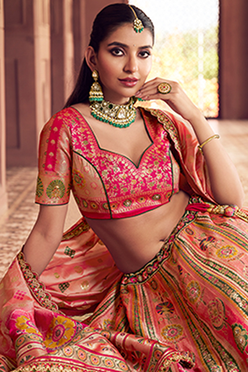 Pink Banarasi Silk Embroidered Bridal Wedding Reception Festival Heavy Border Lehenga Choli