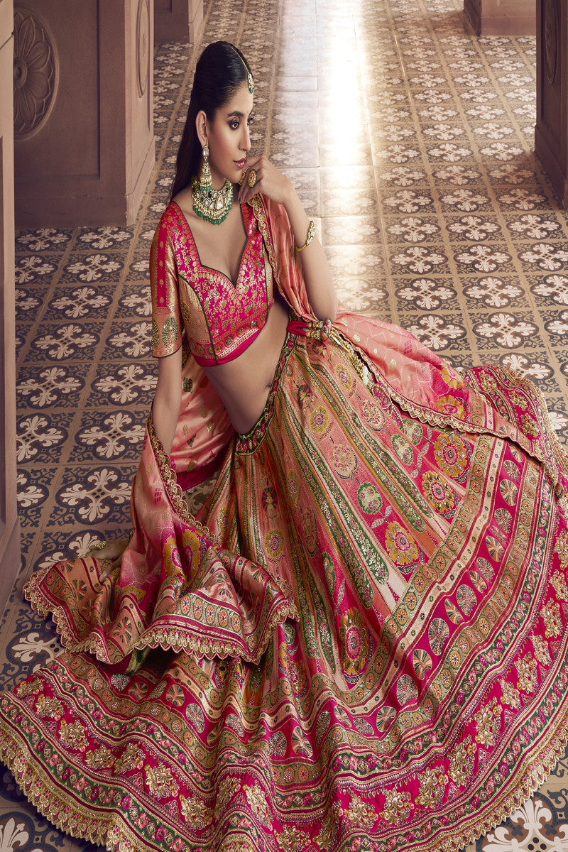 Pink Banarasi Silk Embroidered Bridal Wedding Reception Festival Heavy Border Lehenga Choli