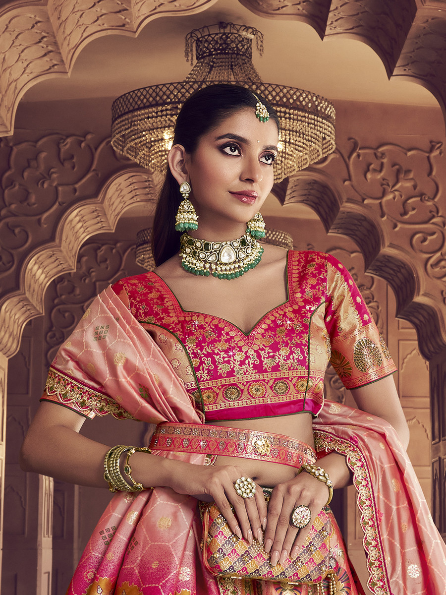 Pink Banarasi Silk Embroidered Bridal Wedding Reception Festival Heavy Border Lehenga Choli