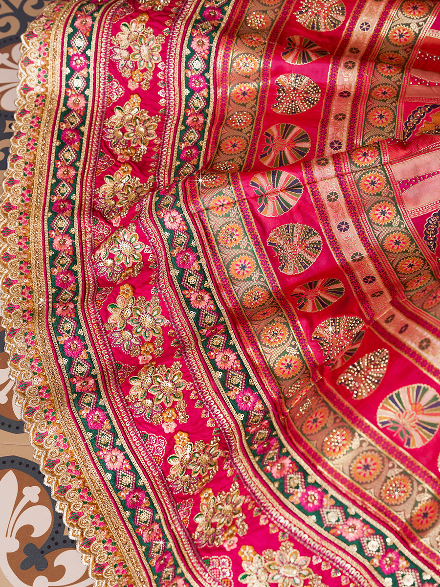 Pink Banarasi Silk Embroidered Bridal Wedding Reception Festival Heavy Border Lehenga Choli