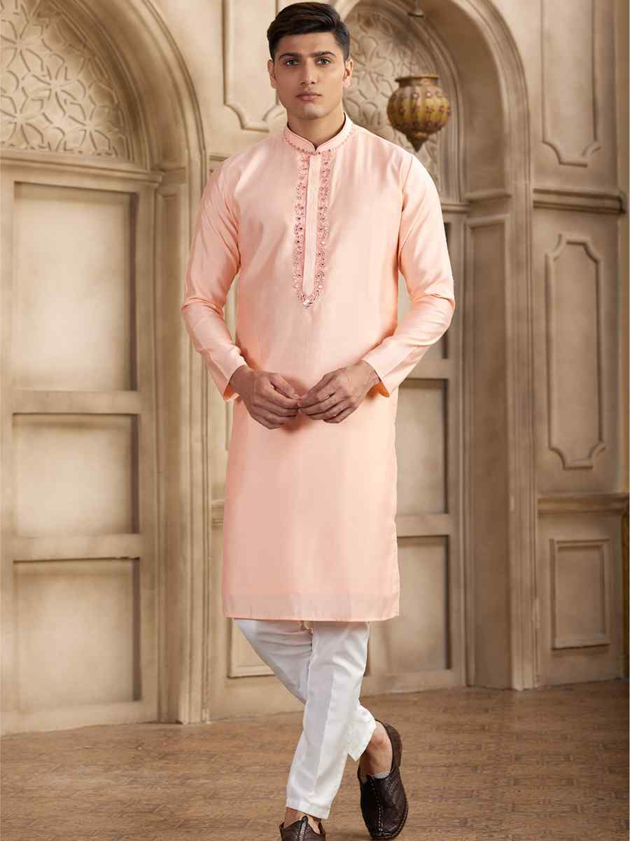 Pink Banarasi Silk Embroidered Festival Party Kurta