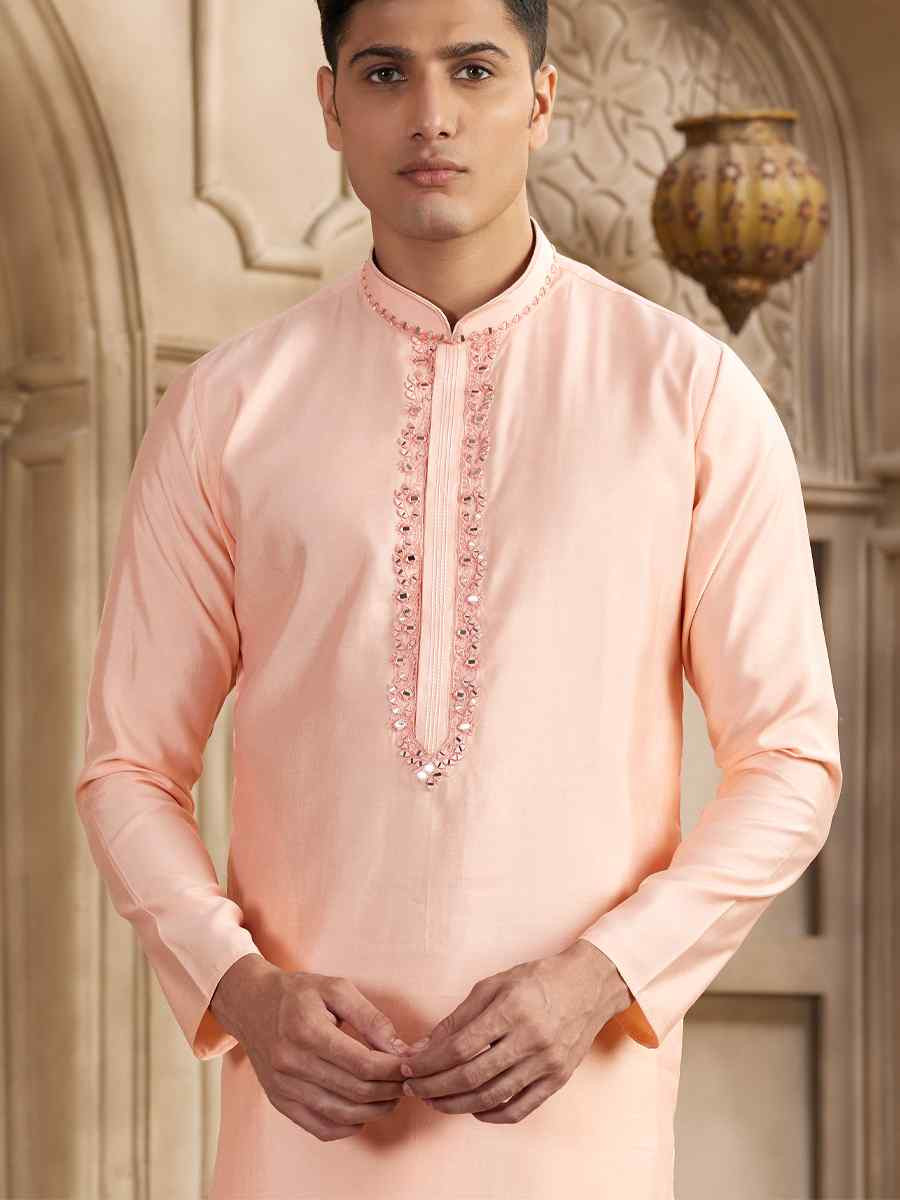 Pink Banarasi Silk Embroidered Festival Party Kurta