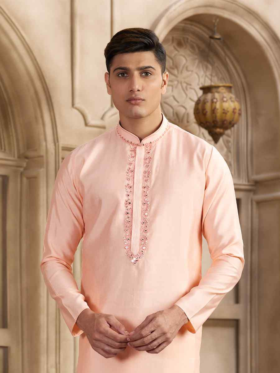 Pink Banarasi Silk Embroidered Festival Party Kurta