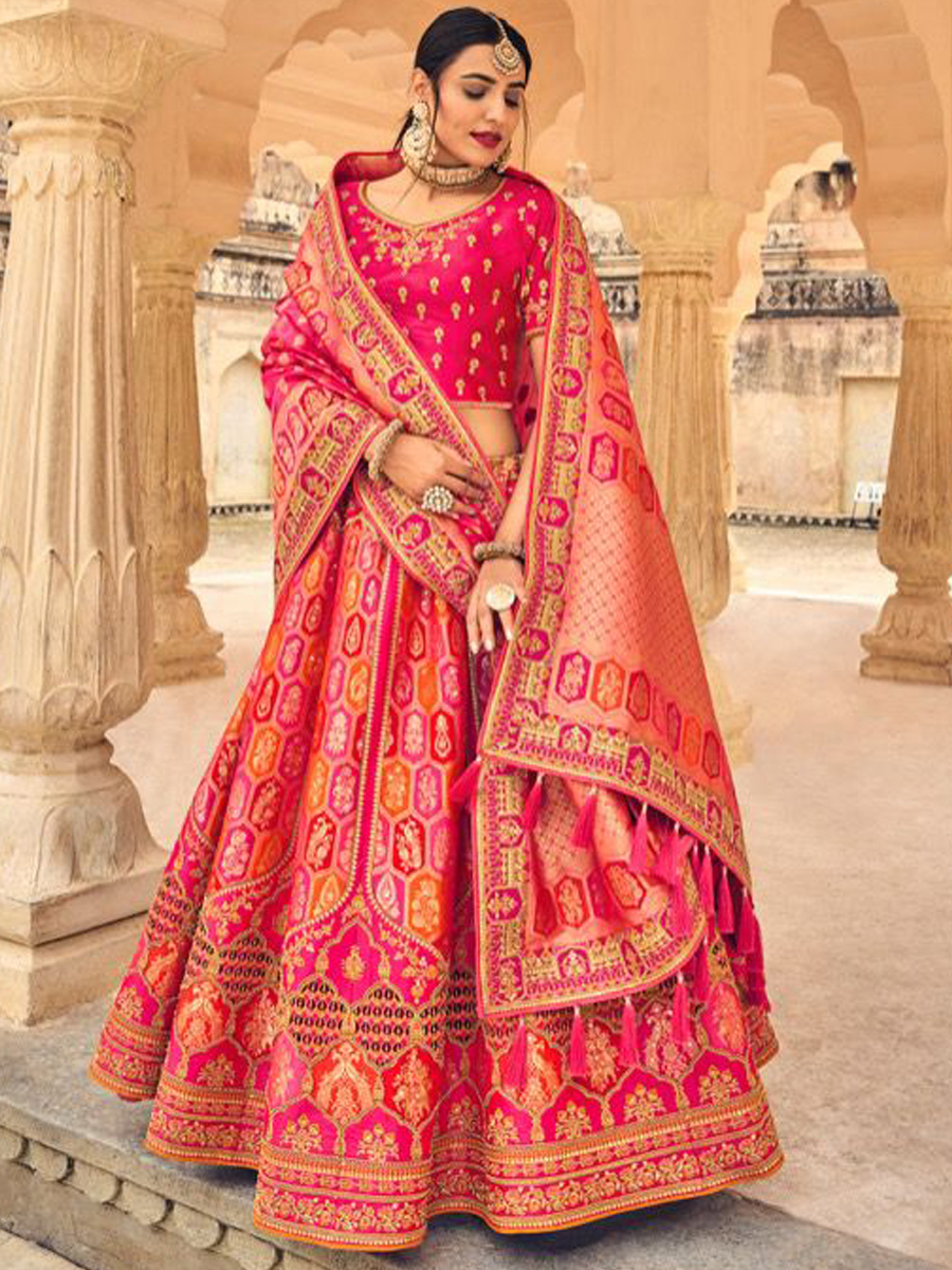 Pink Banarasi Silk Embroidered Festival Wedding Circular Lehenga Choli