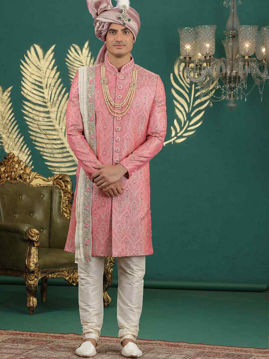 Pink Banarasi Silk Embroidered Festival Wedding Mens Sherwani
